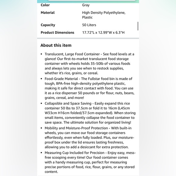 Rice Container 50 Lbs - Collapsible Large Food Container with Wheels - Rice Disp - Picture 10 of 10